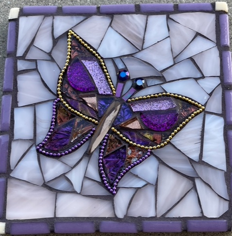 Butterfly Altar Piece.  4.5”x4.5” stained glass, glass tile, beads, chain.  $47